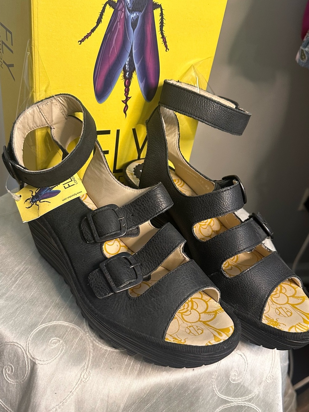 Fly London Black Leather Triple-Strap Wedge Sandals - Picture 2 of 8